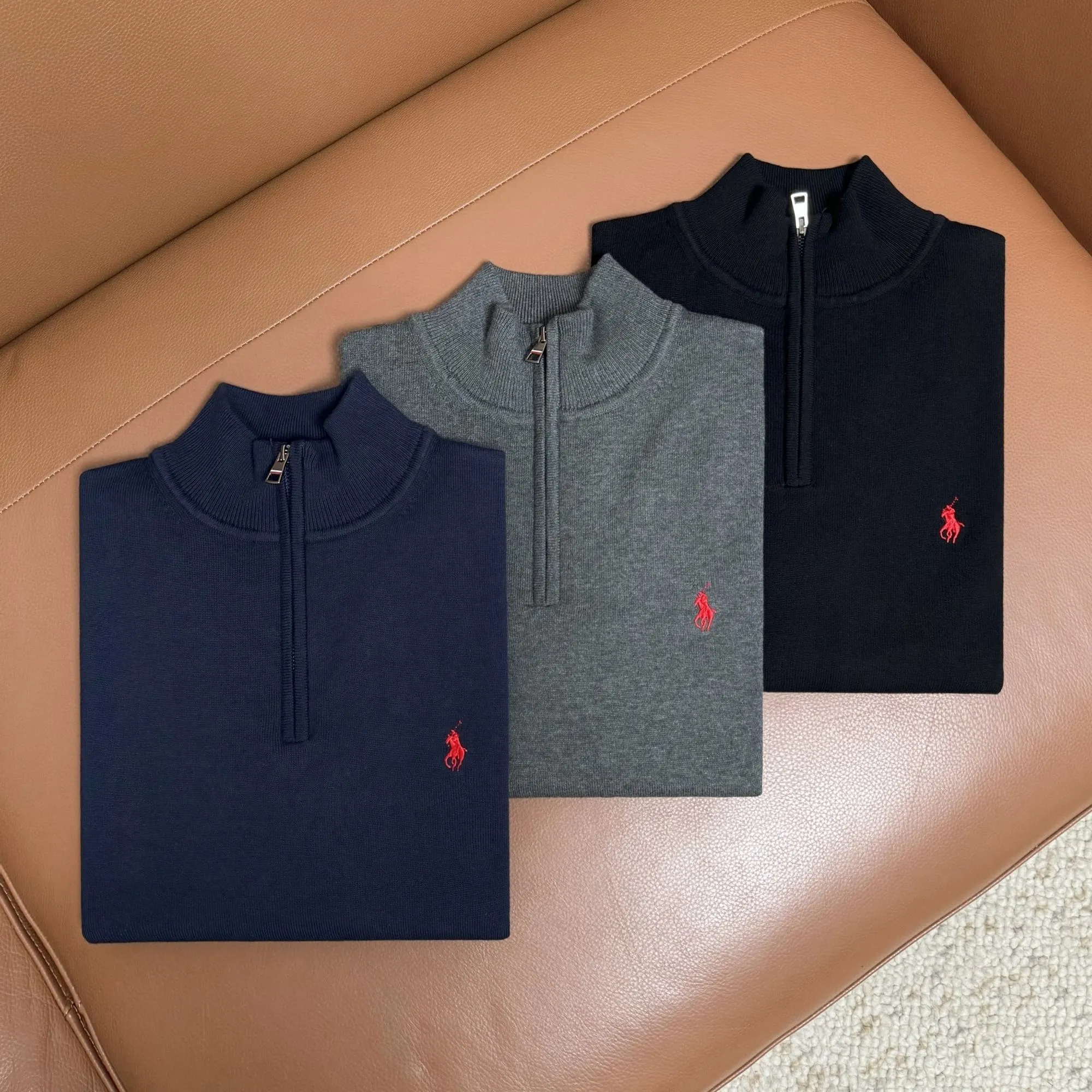 P210 M301#Ralph Lauren Pony Stand Collar Half-Zip Sweater Color: Black Royal Blue Gray Size: M-XXL